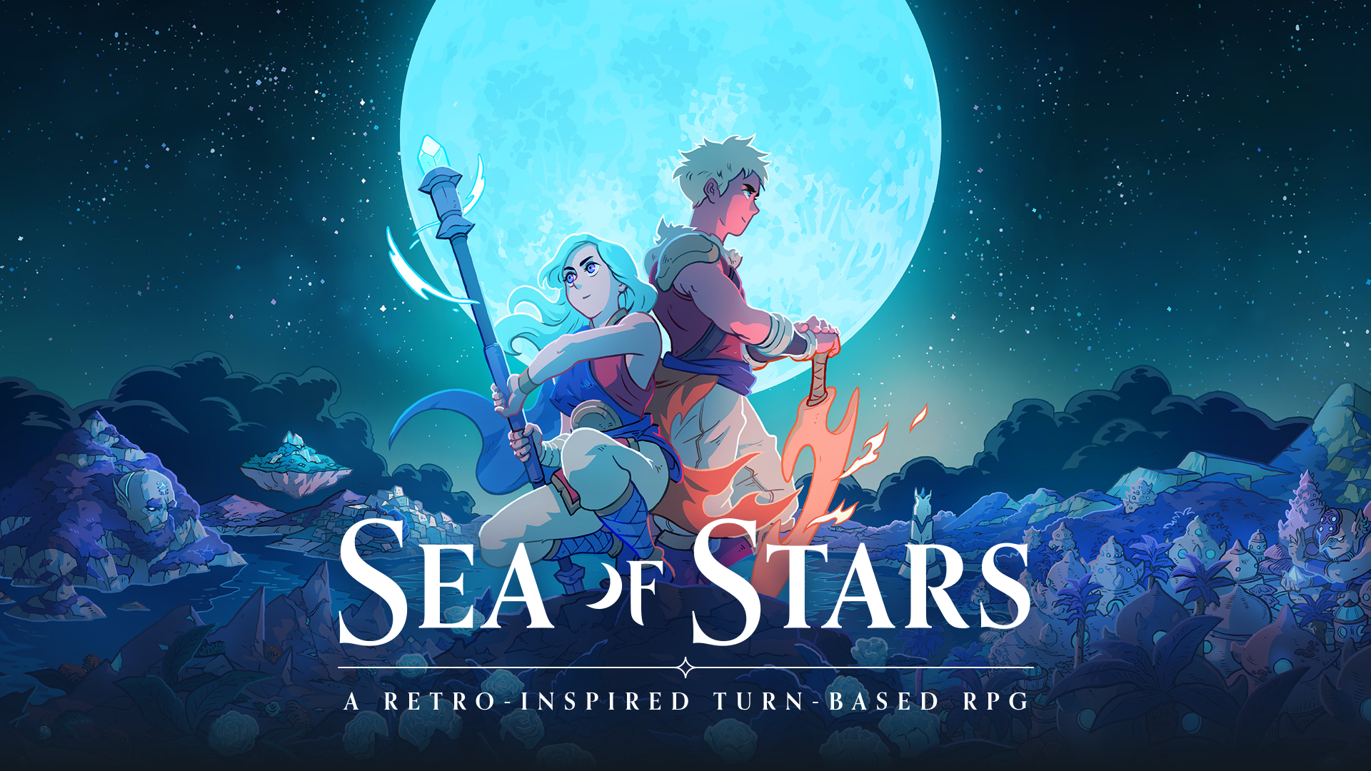 Key art for Sea of Stars, featuring a young pair of warriors under a moonlight sky.