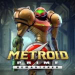 Key art for Metroid Prime Remastered, featuring the main character in her metal suit in a sci-fi corridor.