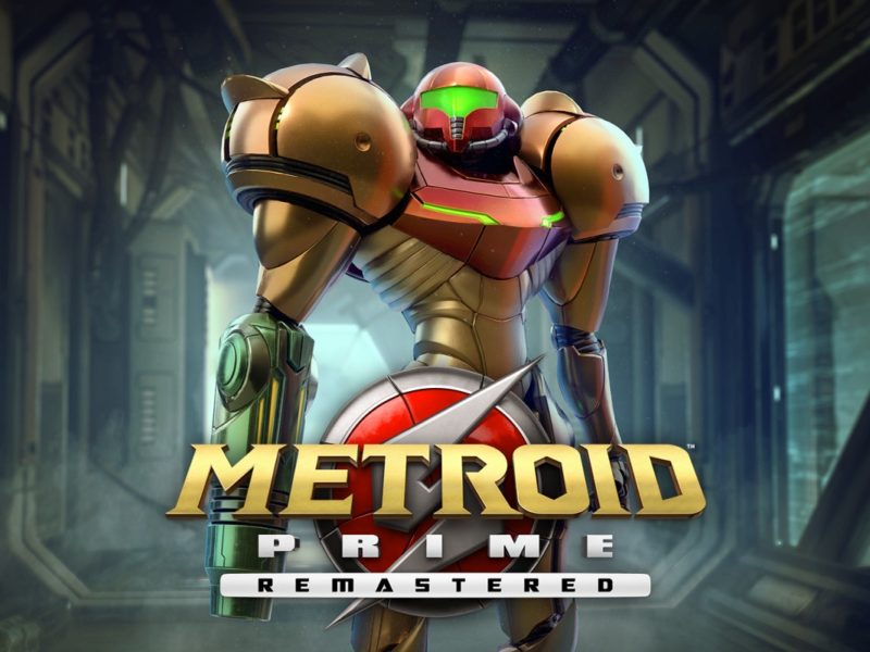 Key art for Metroid Prime Remastered, featuring the main character in her metal suit in a sci-fi corridor.