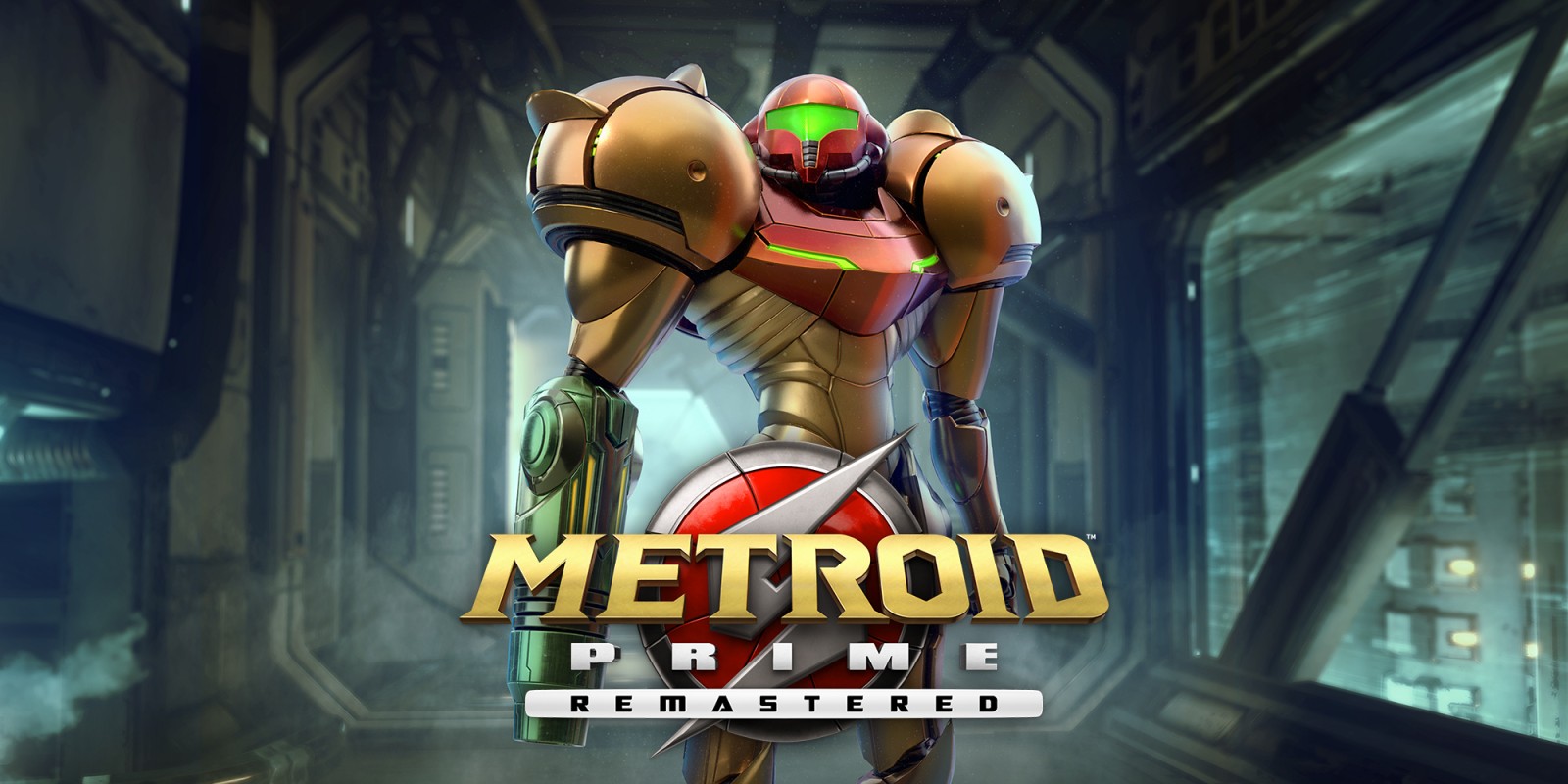 Key art for Metroid Prime Remastered, featuring the main character in her metal suit in a sci-fi corridor.