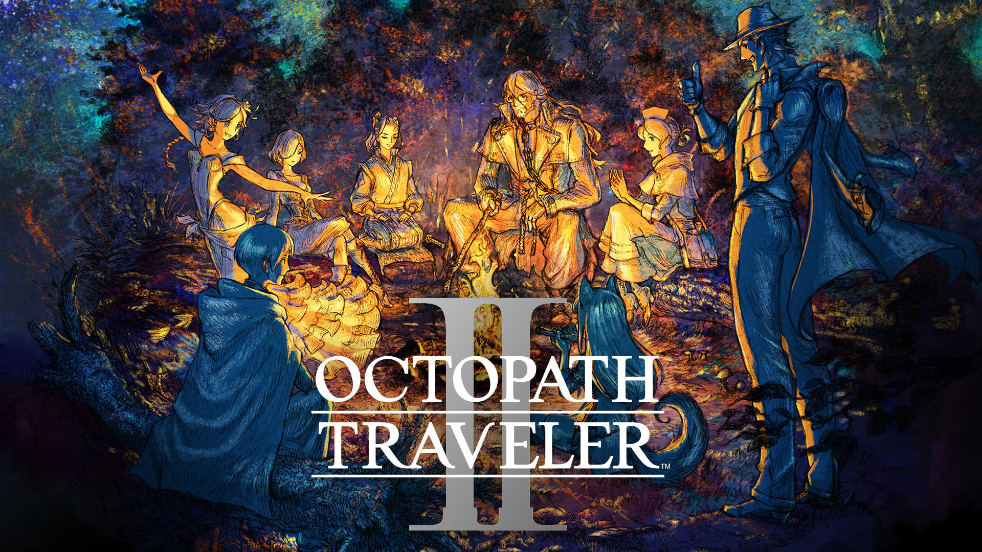 Key art for Octopath Traveler II featuring a hand painted image of the eight main characters around a campfire