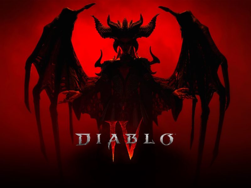 Key art for Diablo 4, featuring the silhouette of Lillith, the game's main villain. She looks like a demon with wings and horns on her head.