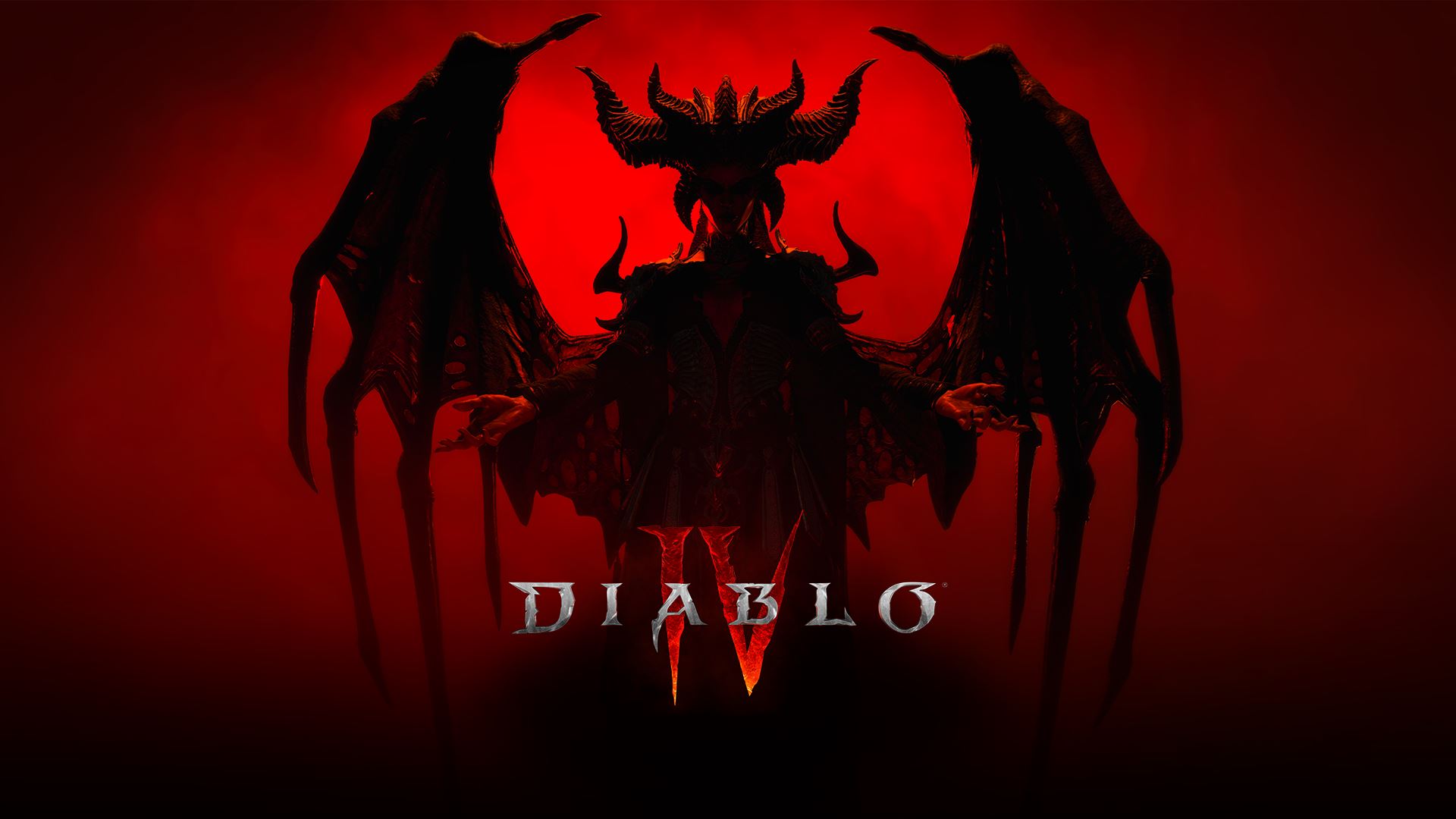 Key art for Diablo 4, featuring the silhouette of Lillith, the game's main villain. She looks like a demon with wings and horns on her head.