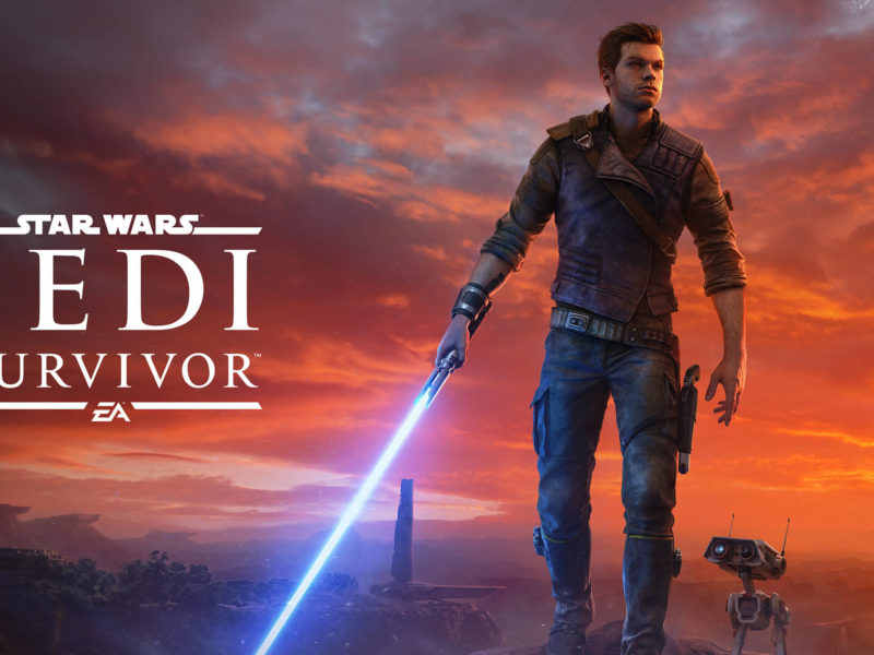 Key art for Star Wars Jedi: Survivor featuring Cal Kestis and his droid BD-1 walking under a sunset sky