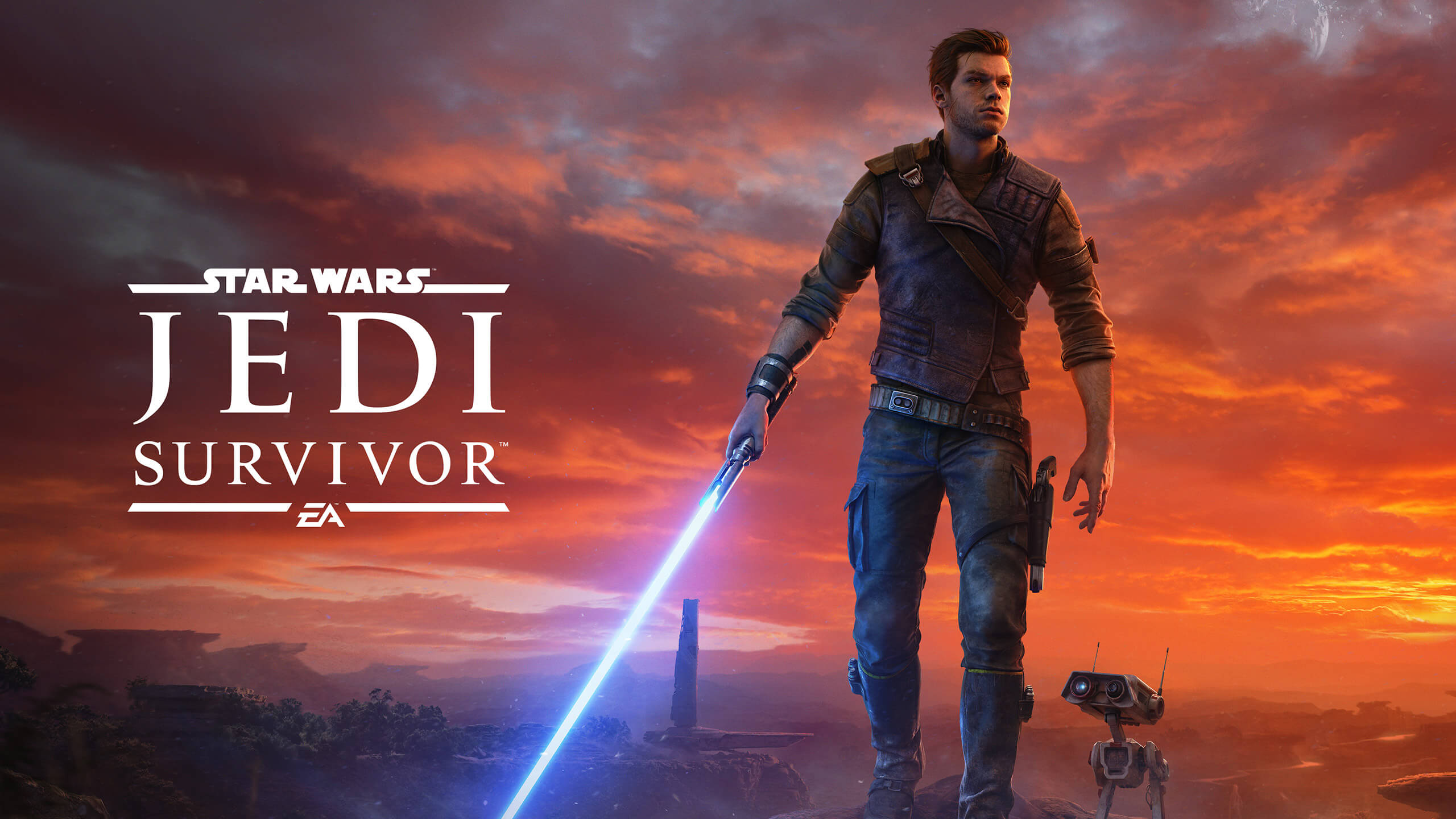 Key art for Star Wars Jedi: Survivor featuring Cal Kestis and his droid BD-1 walking under a sunset sky