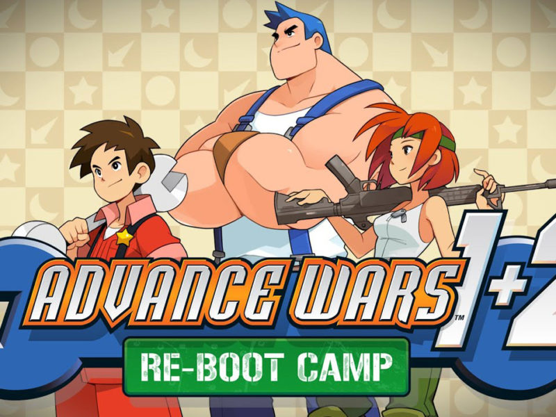 Official artwork for Advance Wars 1+2 Re-Boot Camp, featuring three of the main characters in cartoon form with the title of the game across them in bold letters