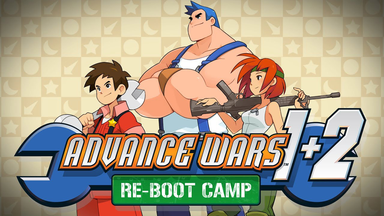 Official artwork for Advance Wars 1+2 Re-Boot Camp, featuring three of the main characters in cartoon form with the title of the game across them in bold letters