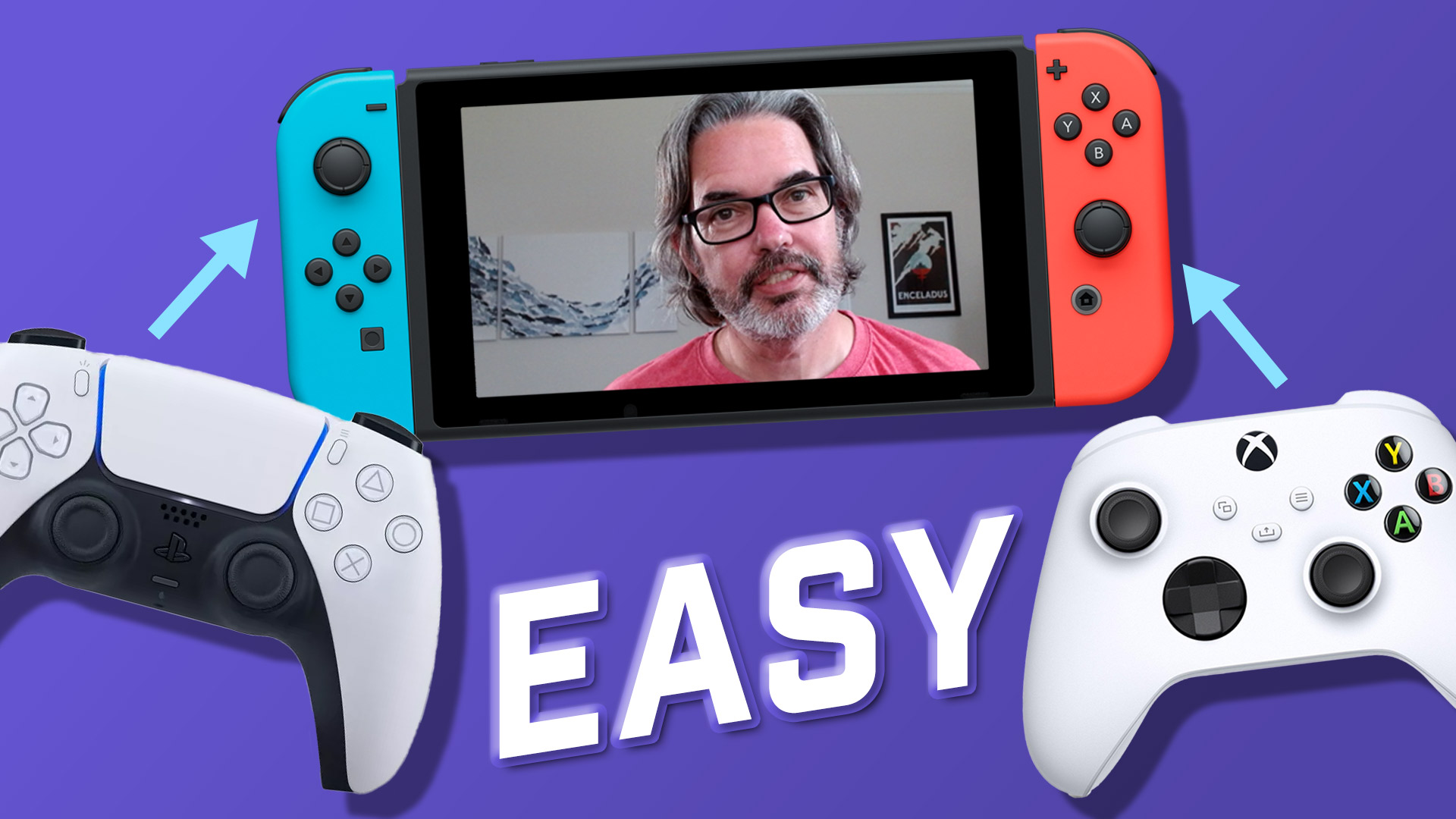 Cover image for the video featuring a Playstation and an Xbox controller paired with a Nintendo Switch