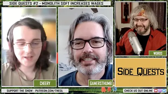 screenshot of me co-hosting the Side Quests podcast with Words and guest host Cheery